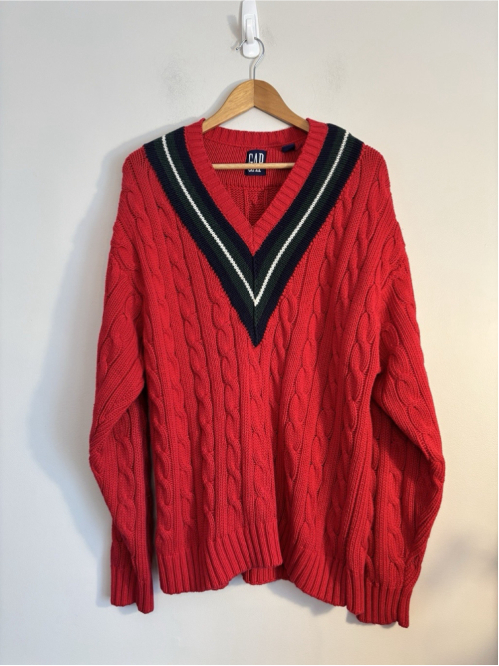 Gap Men's Large Red Cable Knit V Neck Sweater 90s